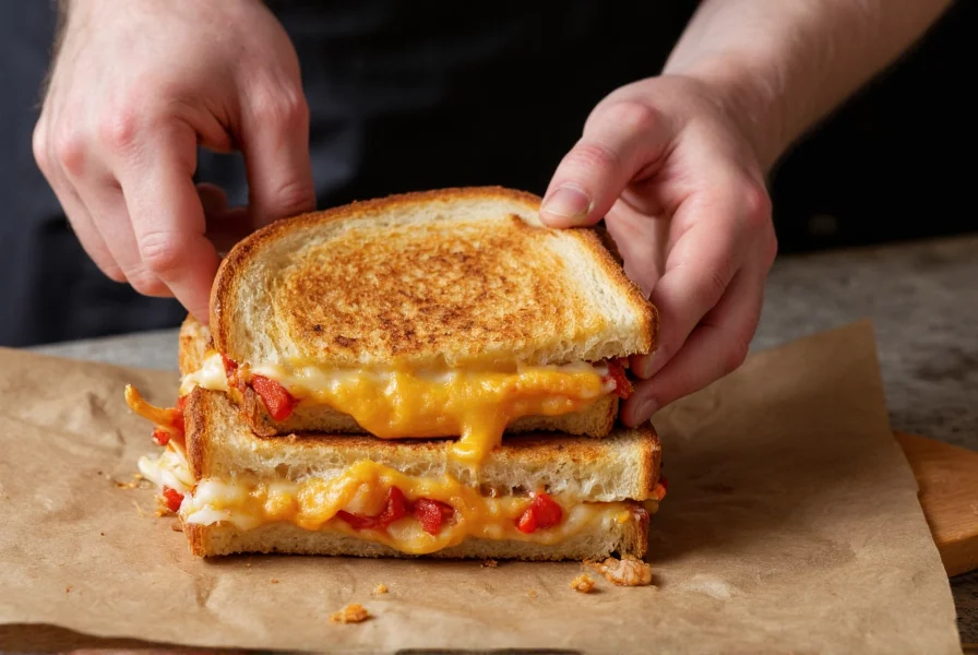 Chef preparing grilled cheese sandwich with melted Pepper Jack cheese oozing out of artisan bread