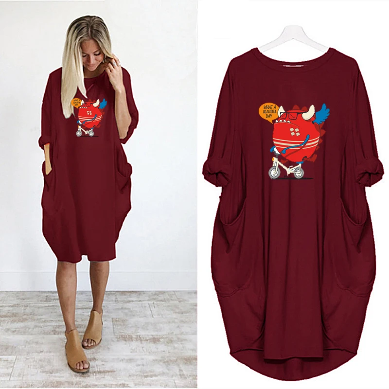 

Fashional Printing Pocket Knee Length Loose Size Dresses Vintage Clothes Club Party New Style Casual Streetwear Dresses