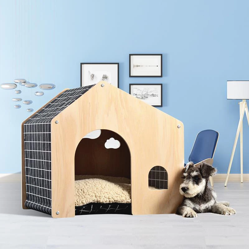 

Solid Wood House Shaped Pet Beds Furniture Printed Dog House Indoor Dog Bed, Picture showed