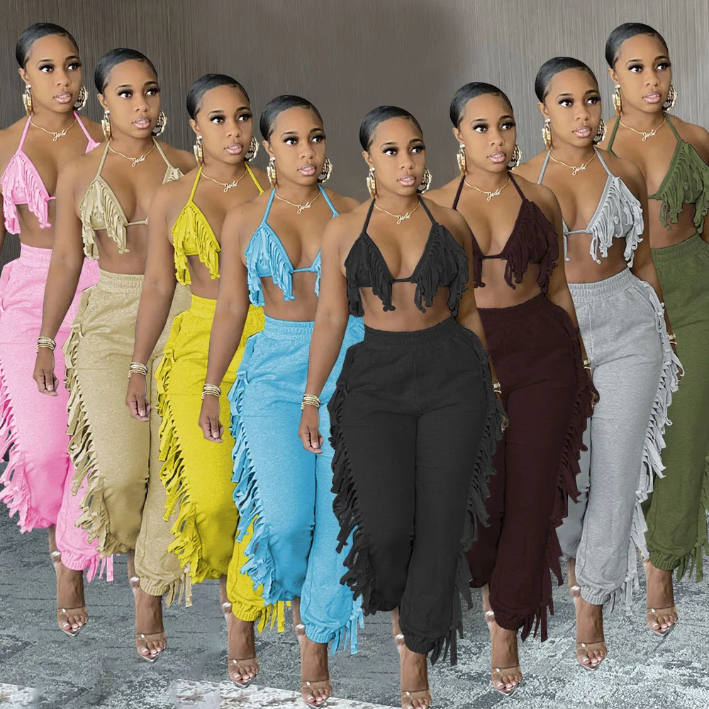 

F40633A Solid color fashion ladies sexy tassel condole belt backless women sets two piece set women clothing, As picture