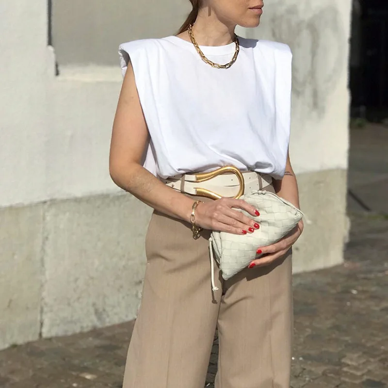 

2020 summer hot sales new sleeveless women vest round collar solid color women's loose T-shirt women with Shoulder pads