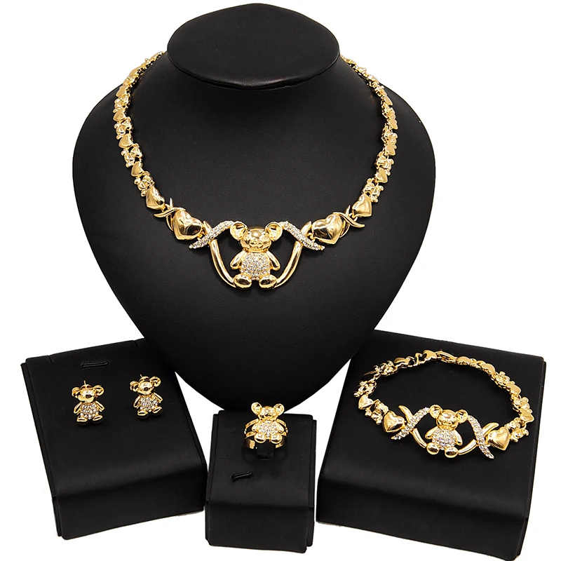

Big Teddy Bear I Love You Hug and Kiss Necklace Jewelry Set 18k Gold Plated Fashion Xo Latest Models Wedding Jewellery Set X0015