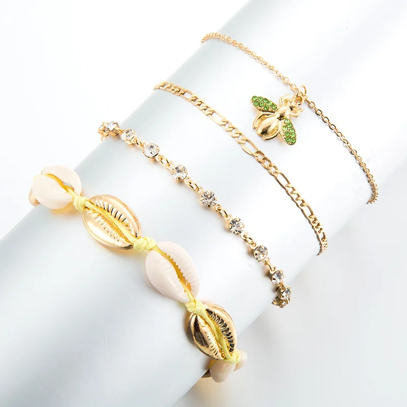 

New Design 4 pcs/set Golden Full Diamond Bee Pendant Anklet Shell Braided Anklet Girl Beach Jewelry