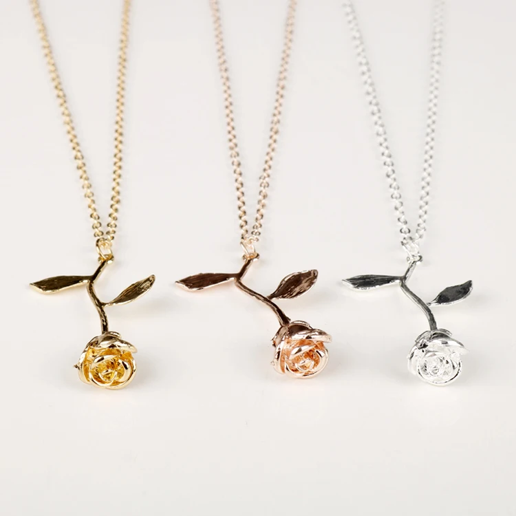 

Valentine's day necklace jewelry gold plated red color rose flower pendant necklace of beauty and the beast for Women girls gift