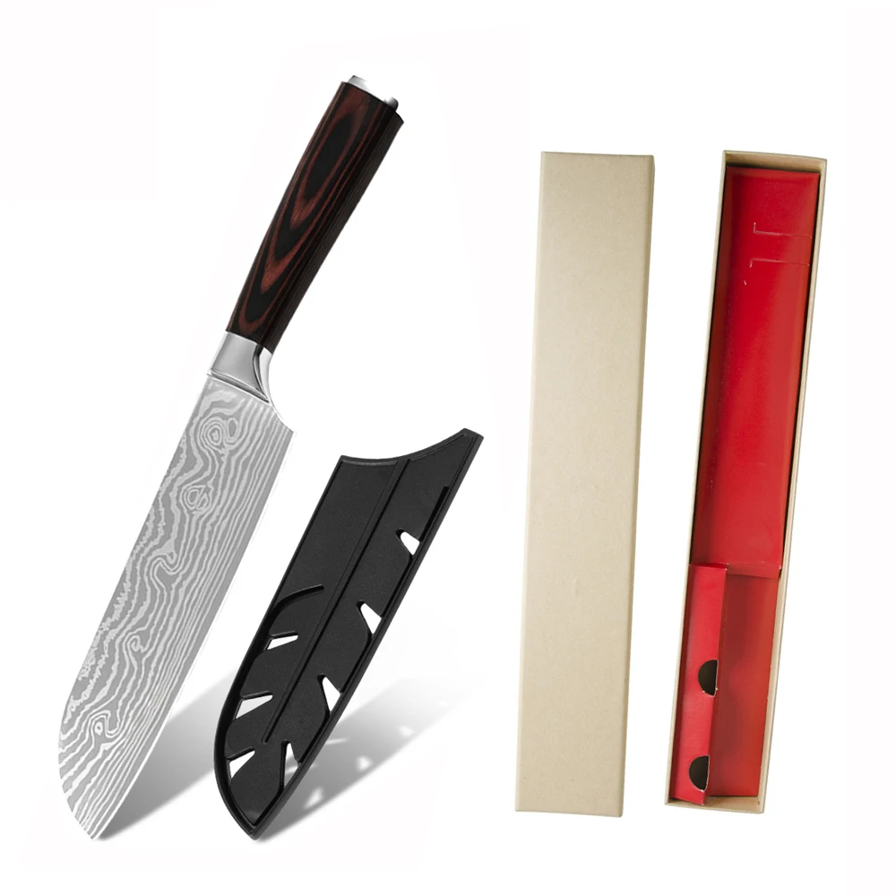 

New Wavy Patterns All- Purpose Kitchen Knife 304 Steel 7Cr17mov high carbon Santoku 7 Inch Japanese Chef Knife with gift box