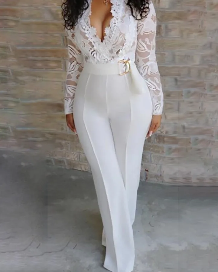 

hb7067a 2020 autumn new style sexy deep v see-through patchwork jumpsuits, White