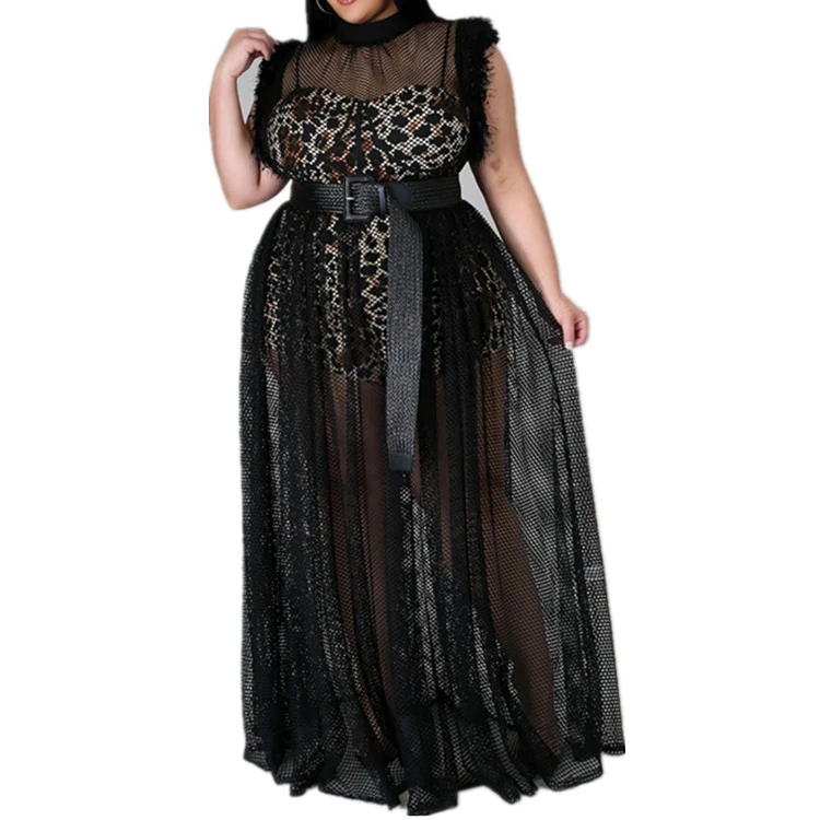 

Wholesale hot ladies sexy black transparent ruffle mesh long maxi dress