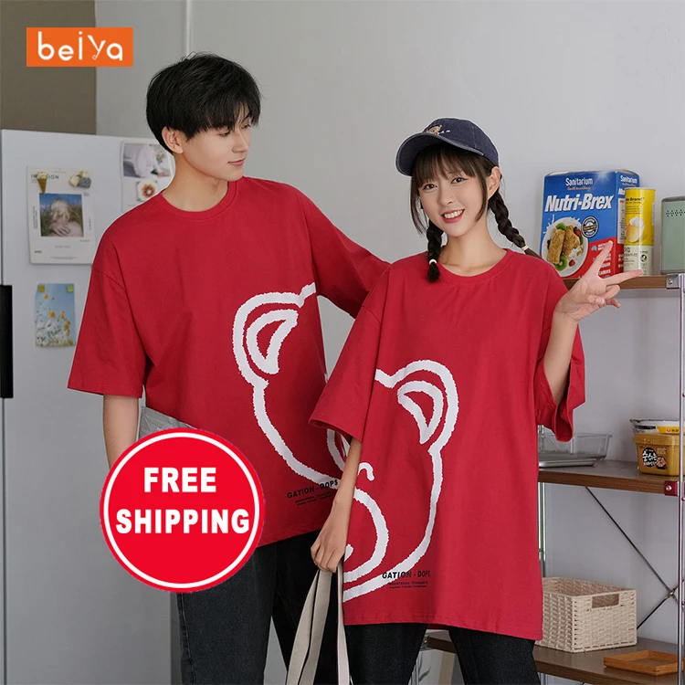 

Wholesale loose short-sleeved boy and girl friends lover valentines day graphic drop shoulder t-shirts matching couple t shirts, White/black/red