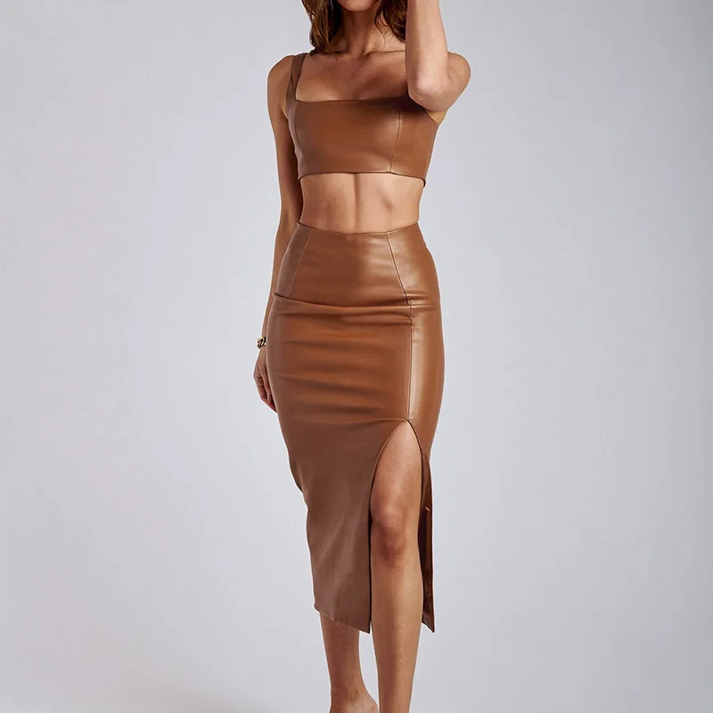 

B&M PU Leather Ladies Fall Slit Women's Tops And Skirt Set Long Outfit Clothing Party Crop Top 2 Casual Sexy Two Piece Skirt Set, Brown , black