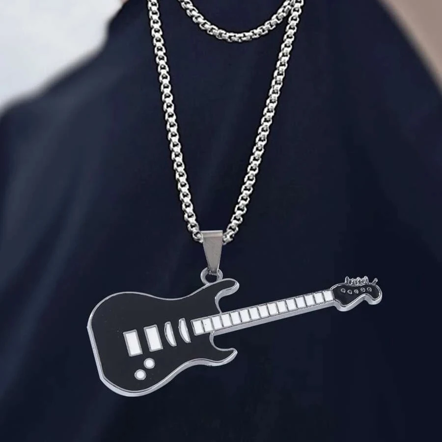 

Fashion Couple Musical Instrument Charm Necklace Delicate Pearl Chain Necklace Colour Rock Guitar Pendant Necklace, Sliver