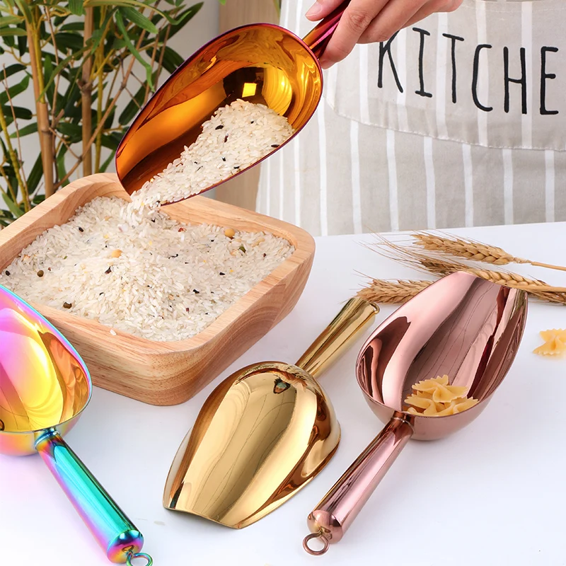 

Kitchen Bar Party Stainless Steel Food Flour Coffee Bean Scoop Bar Dry Ice Scoop Shovel, Silver/gold/rose gold/rainbow no.0/rainbow no.3