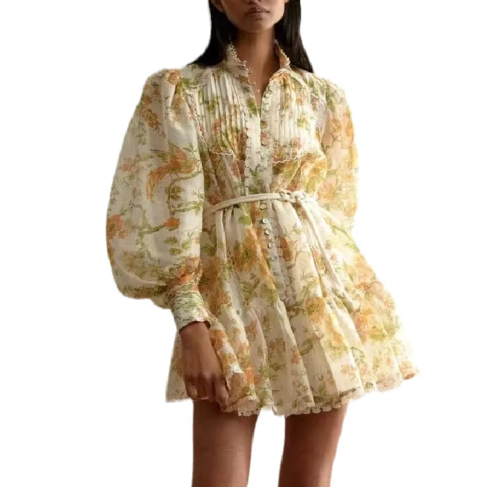 

Womens Factory Price Long Sleeve Floral Print Belted Female Floral One Piece dress Tulle Stand Collar Shirt Mini Dress