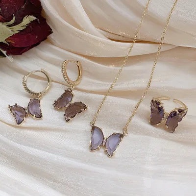 

Hot Sale Korean Purple Crystal Butterflies Pendant Gold Necklace Earrings Rings for Women Butterfly Jewelry Wholesale, Silver
