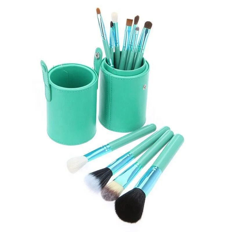 

Fashion 12 pcs Colorful Travel Professional Makeup Brush With Case Kit Natural Goat Hair Wooden Cosmetic Make Up Brush Sets, 4 colors