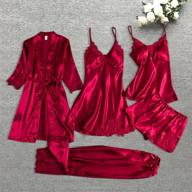 

Women 5PCS Comfortable Sleepwear Female Pajamas Set Satin Sexy Lace Patchwork Wedding Nightwear Home Wear Nighty Robe Suit