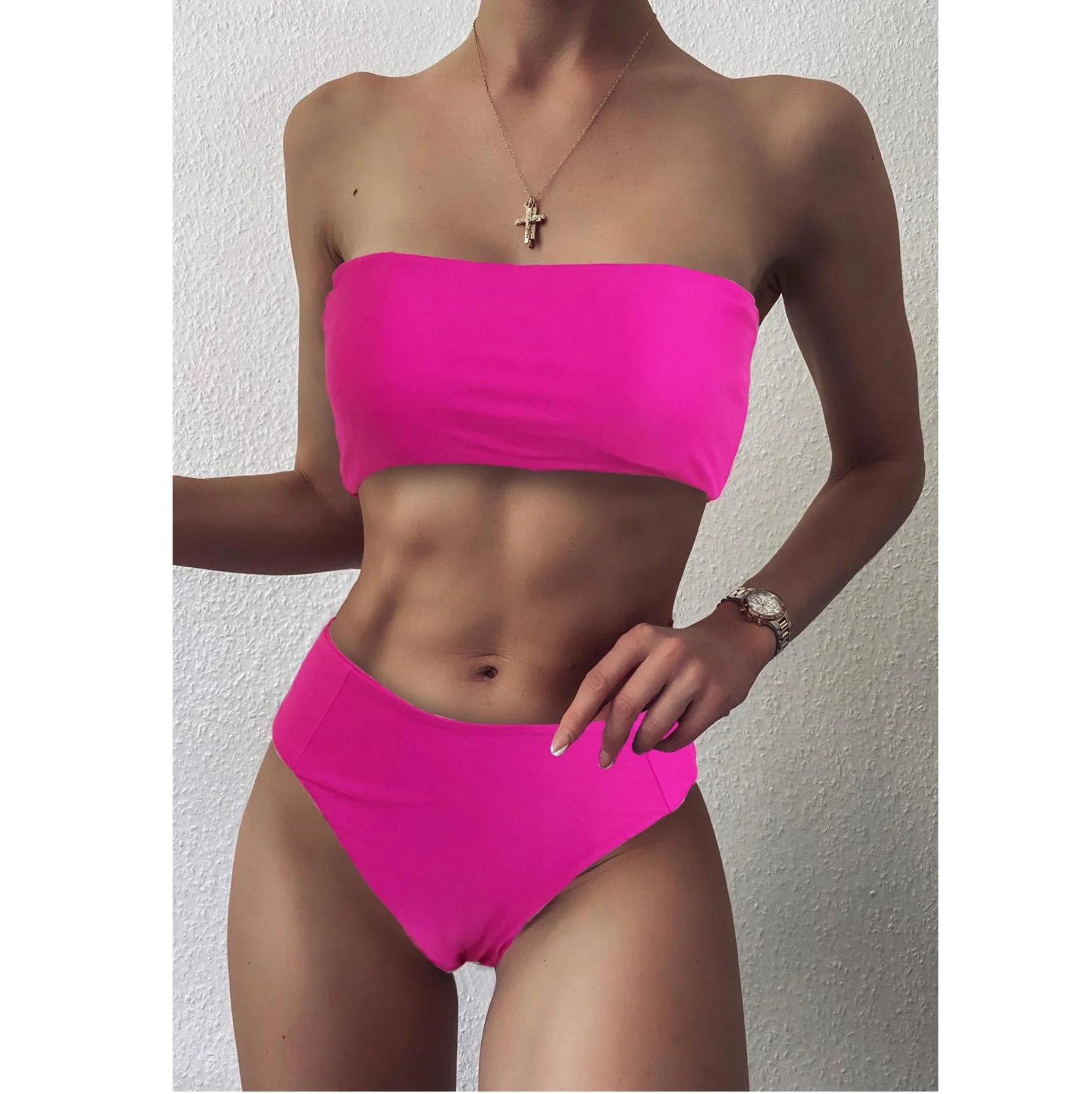 

Free Shoulder Hot Pink Girl Bikini Sexy High Waist Women Bathing Suit Pure Solid Color Swimsuits, As pictures/customized colors