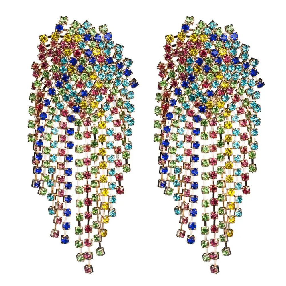

luxury rainbow crystal statement earrings chandelier rhinestone crystal fringe tassel dangle earrings big party wedding earrings, Gold
