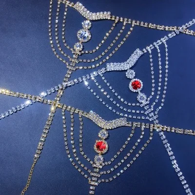 

2021 European and American new sexy red rhinestone breast chain body chain ladies fashion accessories, Silver