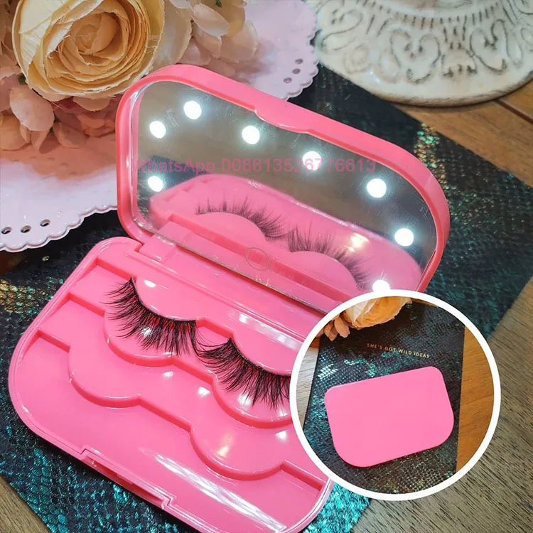 Private Label Custom Lashbox Packaging With Logo Eyelashes Plastic Storage Box LED Light Lash Case With Mirror