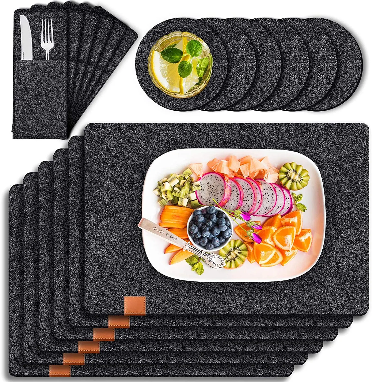 

Premium Felt placemats-Stain Heat Resistant Washable felt table mat Dark grey Place Mats Set of 12, 43 colors