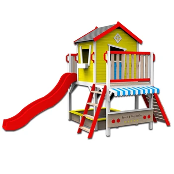 wooden playhouse with slide and sandpit