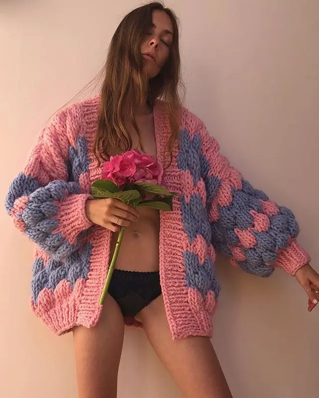 

Mohair contrast wave pattern hand knit sweater thick pin coat lantern sleeve