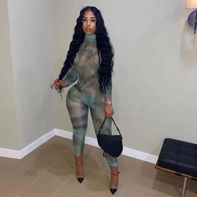 

Dvacaman Sexy Mesh Gauze Printed Backless Bodysuits Slim One Piece Jumpsuits for Women 2021 New Arrivals Spring Fall, Picture