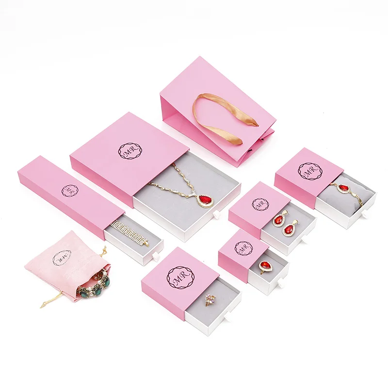 

Custom logo cardboard printing paper pink color drawer jewelry set ring pendant box, Customized color