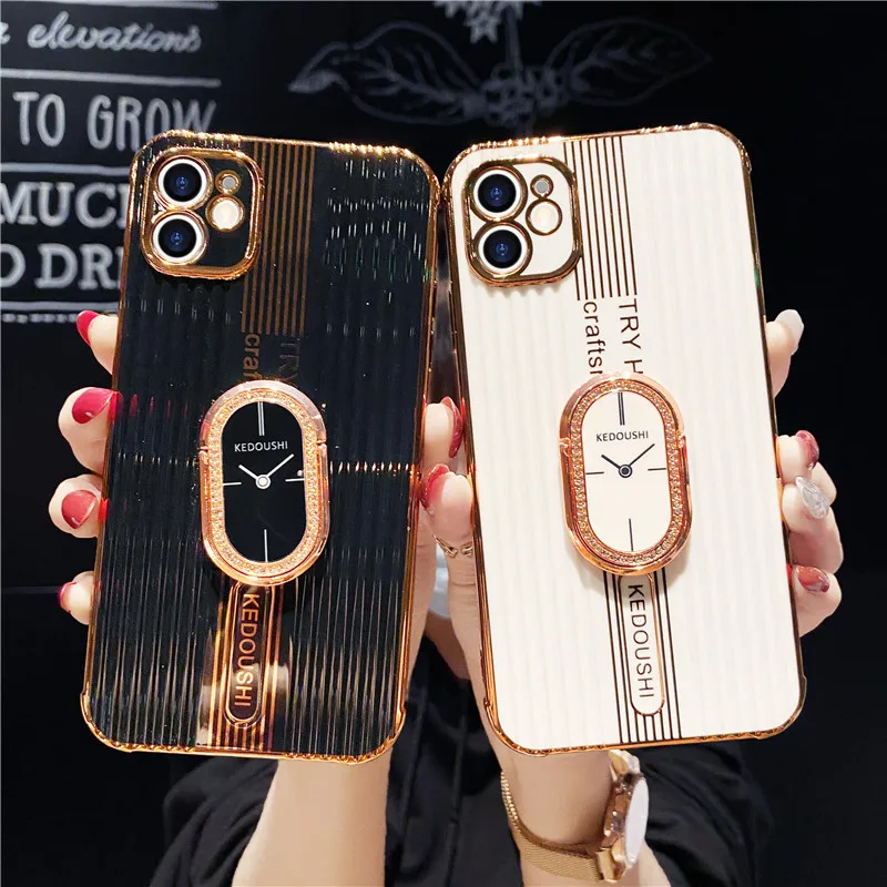 

For iPhone 13 12 11Pro Case Luxury Stripe Electroplated Gold Glitter Ring Holder Silicone Cases for iPhone 7 8 Plus XS Max XR X