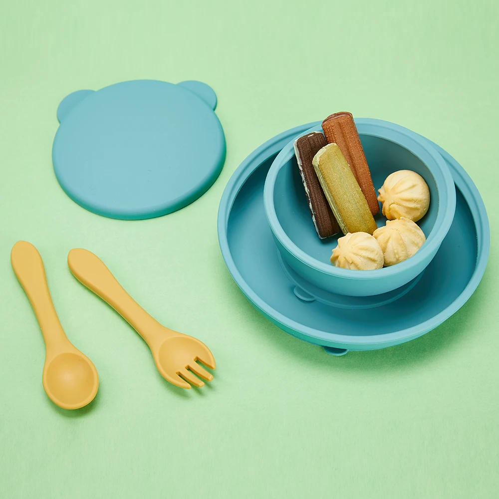 

Spill Proof Slant Silicon Baby Dinner Food Suction Bowl Kids Silicone Feeding Suction Bowl Spoon with Dust Proof Lid, Blue, pink, light green, customized