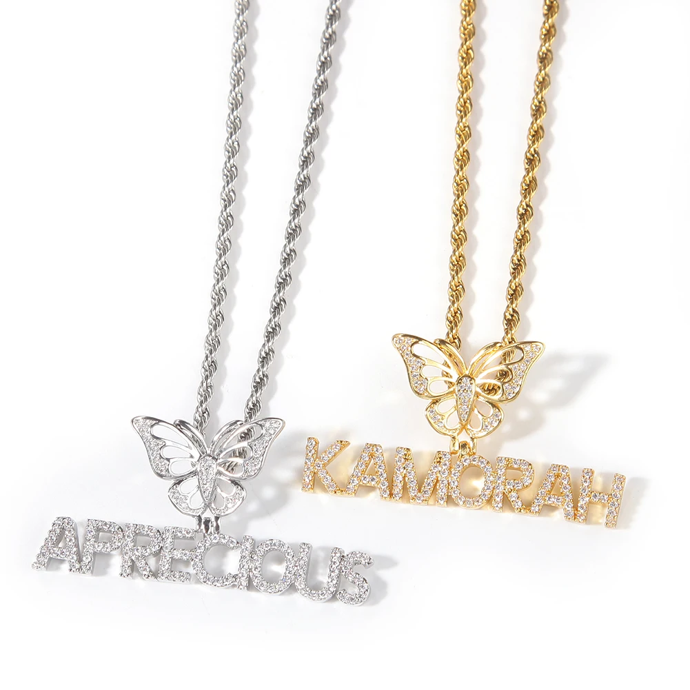 

Name Necklace Mini Letter With Butterfly Hook Custom Personalized Necklace Cubic Zirconia Fashion Hiphop Jewelry, Gold,silver
