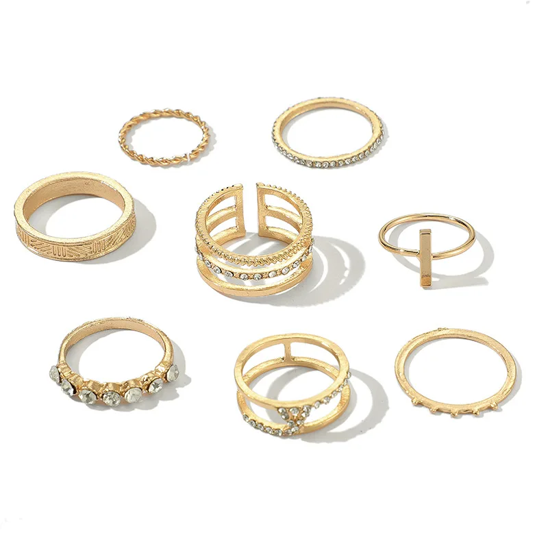 

8 Pcs/set Luxury Crystal Ladies Rings Bohemian Gold Plated Finger Ring Set for Women Wholesale