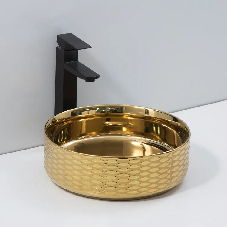 antique-gold-bathroom-sink-9514B-E-292-side-profile-straight-cylindrical-vertical-wall-guilloche-relief