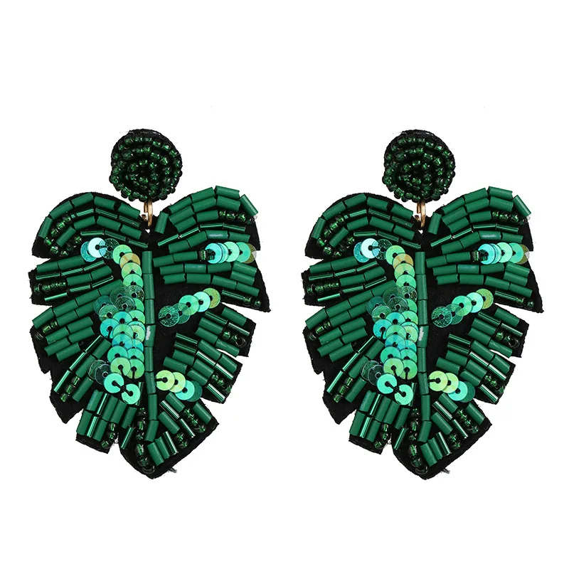 

HOVANCI Creative Big Green Sequin Plant Palm Leaf Earrings Seed Bead Monstera Earrings, As pictures