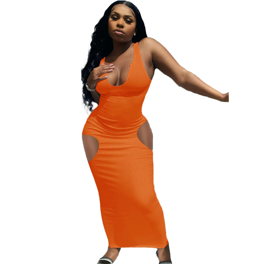 

H6710 - women casual fit knit sleeveless hollow out solid maxi dress