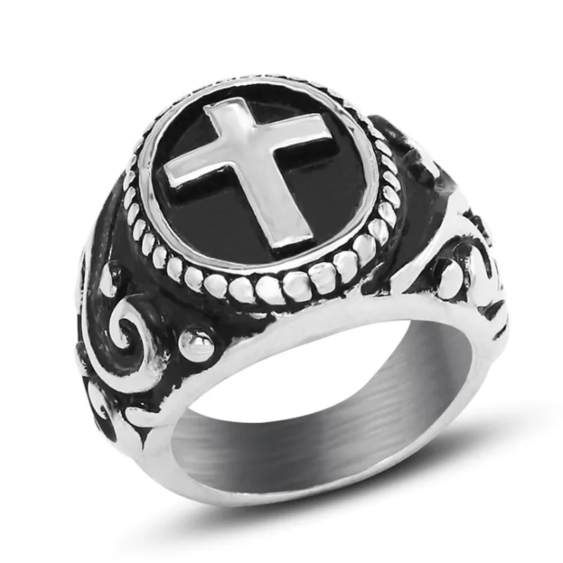 

Stainless Steel Die Casting Cross Black Enamel Wide Finger Rings For Men, Steel color