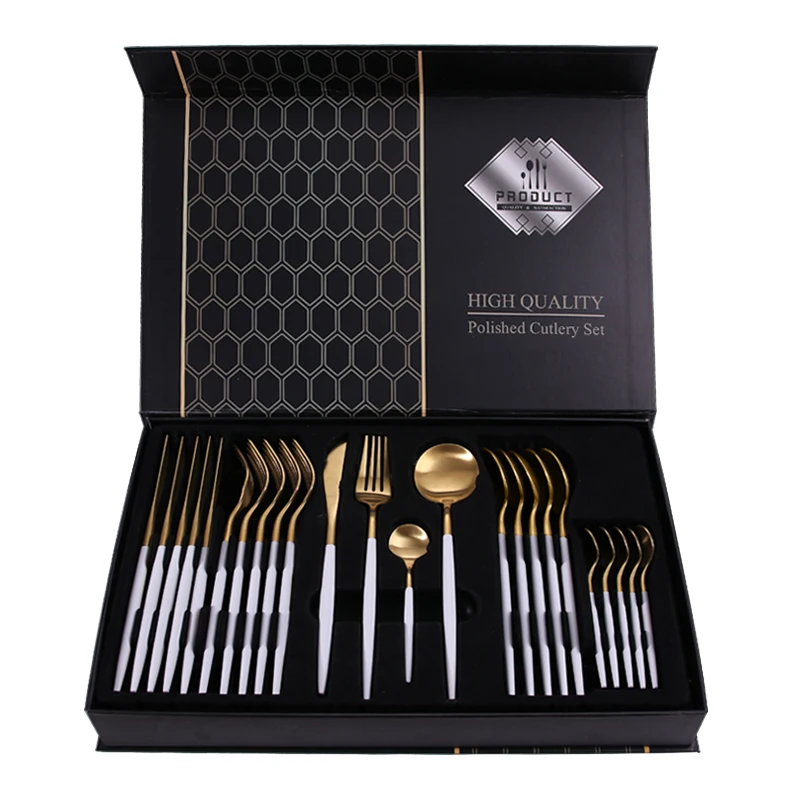 

Customize Knife And Fork Spoons Set Golden Flatware 24 Pieces Stainless Steel Travel Golden Cutlery Set, Silver, gold, white,black, pink, blue, dark green