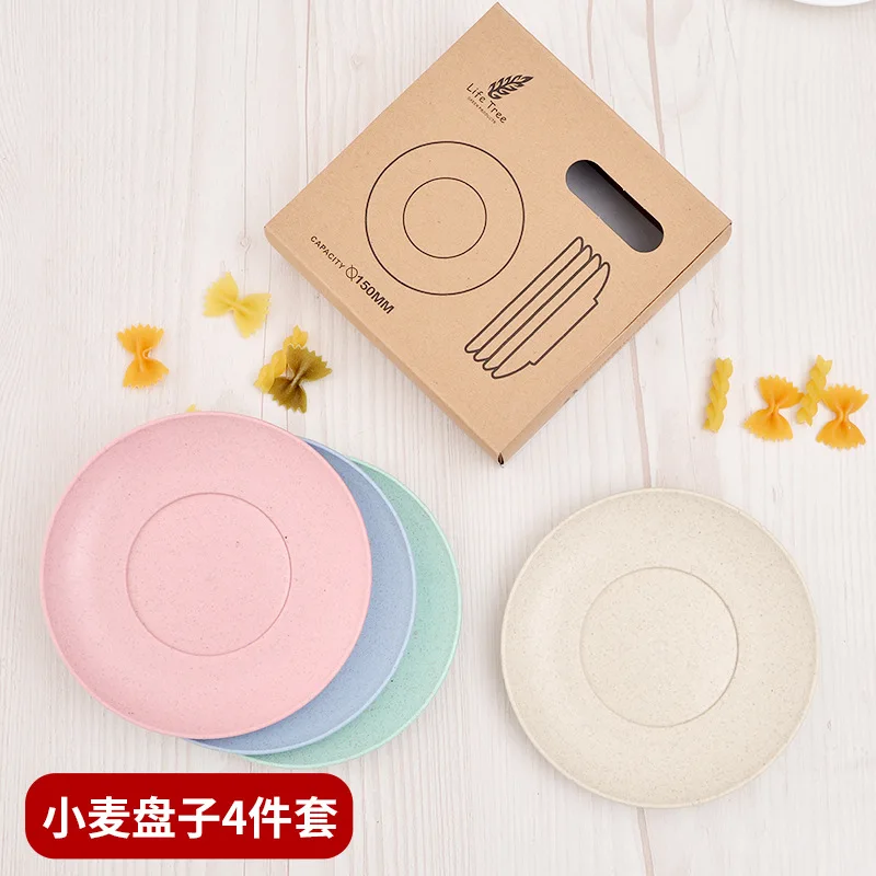 

Wholesale 4pcs Food Grade Eco-friendly Wheat Straw Fiber Plate Plastic Cutlery Dinnerware Sets Snack dishes Plates, Pink, beige, blue and pink