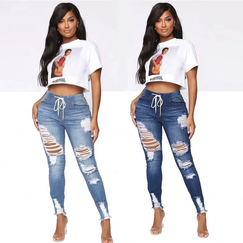 

Hot Jeans WOMEN Casual Stretch Elastic Holes Tight High Waist Lady Jean Blue Pencil Slim Denim Jean, Customized color