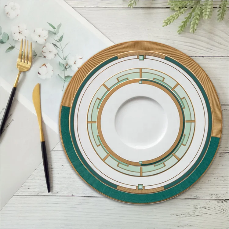 

New designs elegant wedding charger plates wholesale luxury green fine bone china plates cookware sets for party wedding, As shown