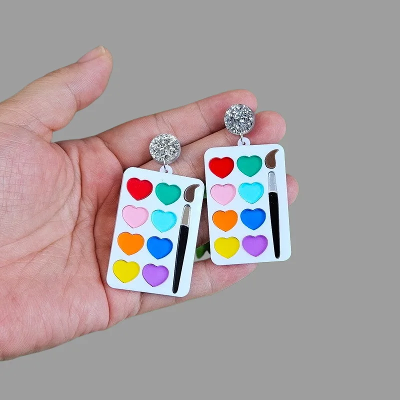 

Newest Valentine's Day Jewelry Cute Rainbow Love Palette Brush Shape Acrylic Earring For Woman