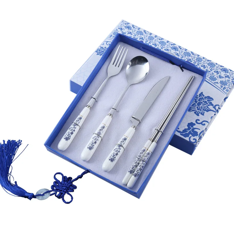 

Stainless steel blue and white porcelain tableware set knife fork spoon chopsticks gift box set