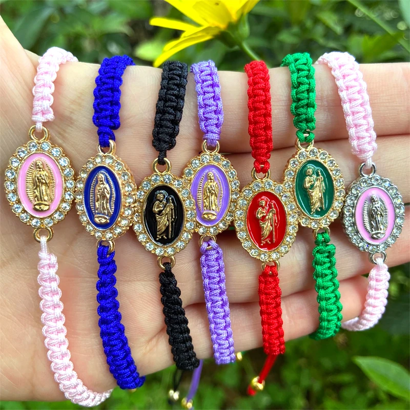

Rope Religious Guadalupe Bracelets Gold Plated Charm Bead Crystal Men Braided Knot Women Wholesale Jewelry Virgin Mary Bracelet