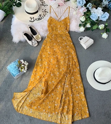 

2020 Summer Women Fashion Backless Floral Printed Chiffon Maxi Beach Dress