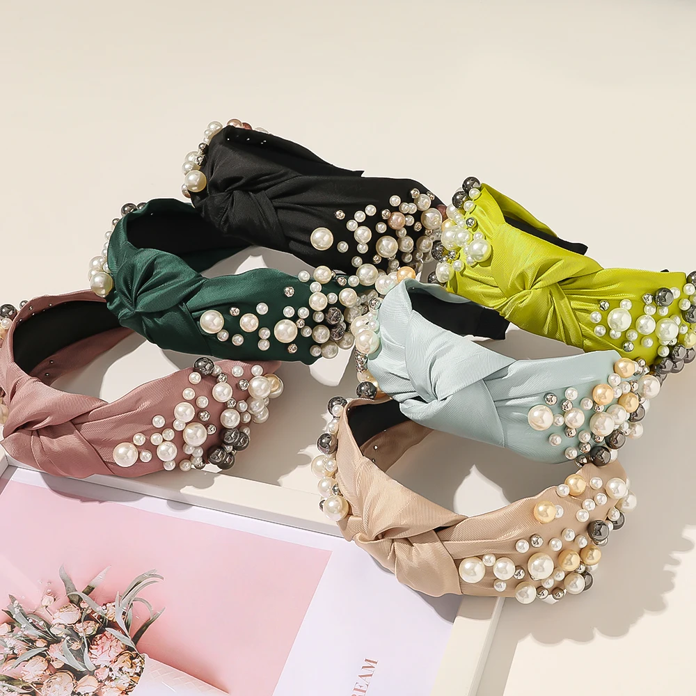

INS New Arrival Hair Accessories Fabric Knot Hairband Multicolor Pearl Bead Headband for Ladies