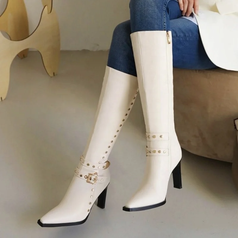 

2021 New Elegant All Matching High Heel Boots Rivets Decoration Side Zipper Little Square Toe Knee High Boots, Black white