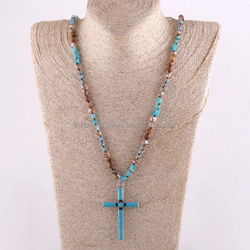 

Bohemian Jewelry Accessory 6mm Multi Natural Stones Crystal Knotted Turquoise Blue Cross Necklace Western Jewelry