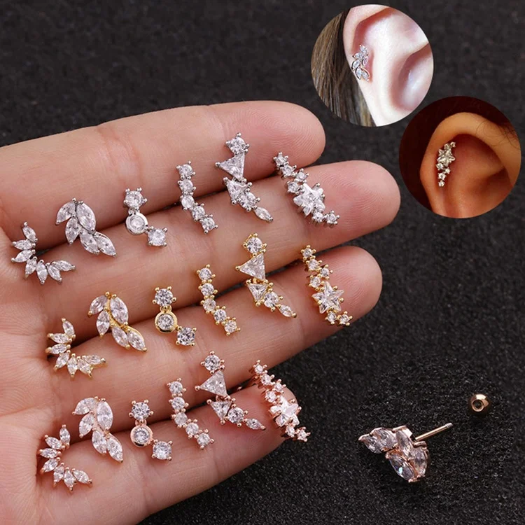 

Gold Silver Rose-Gold Color Plated Copper Inlaid Zircon Cartilage Tragus Women's Earring Studs Piercing Jewelry