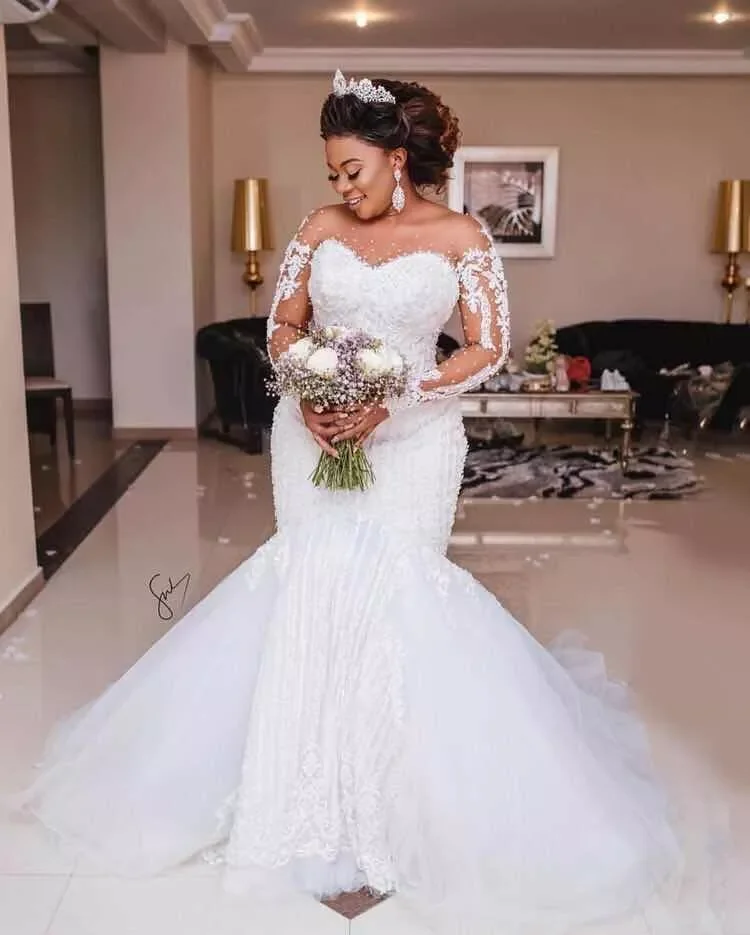 

FA188 Luxury Heavy Beading Mermaid Wedding Dress Long Sleeve Appliques Pearls African Wedding Gowns Plus Size, Default or custom