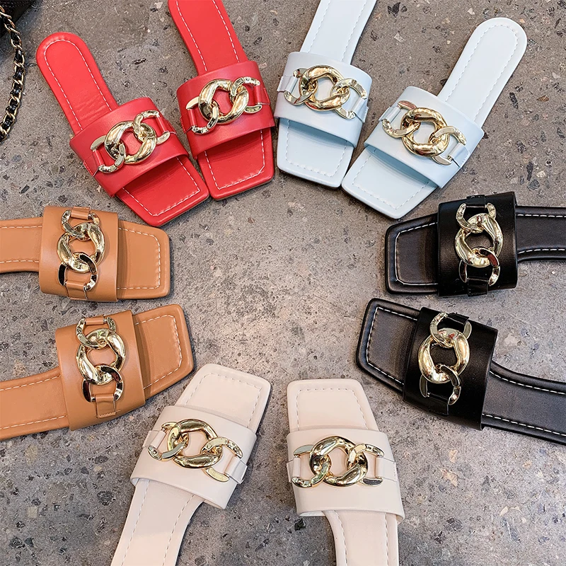 

5 color Sexy luxury chain flat slippers sandals 668, Black,blue,beige,brown,red